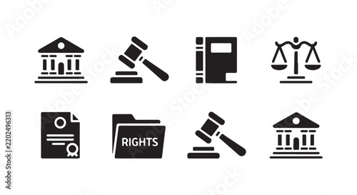 Black icons for courthouse, gavel, book, scales, document, rights folder, and judge's hammer on grid.