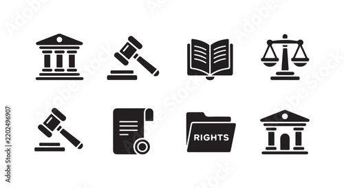 Law and justice solid icons collection featuring courthouse scales of justice gavel folder and legal documents.