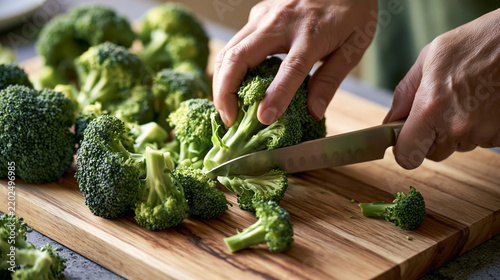 Close-up of a person's hands using a knife to chop fresh green broccoli florets on a wooden cutting board in a kitchen.   