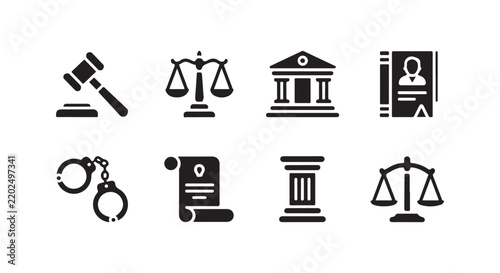 Court legal system minimalist solid icons set with handcuffs scale of justice column document and gavel signs.