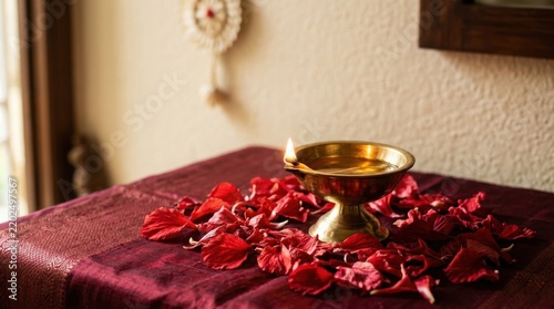 Lit brass oil lamp diya surrounded by red flower petals on a fabric table