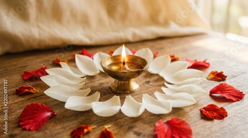 Lit brass oil lamp diya surrounded by flower petals on a wooden table