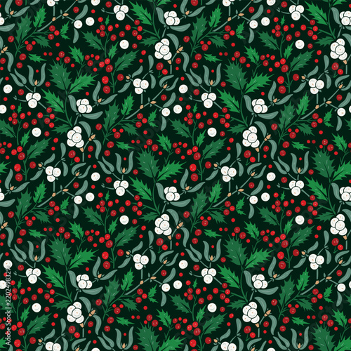 Christmas Holly and Mistletoe Seamless Pattern with Red and White Berries