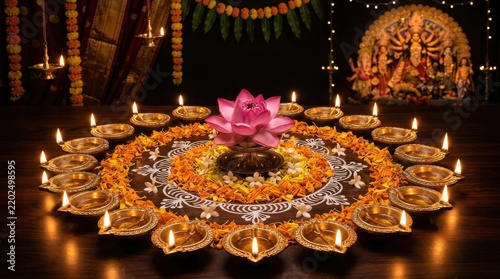 Traditional diya oil lamps arranged around a lotus flower for Durga Puja