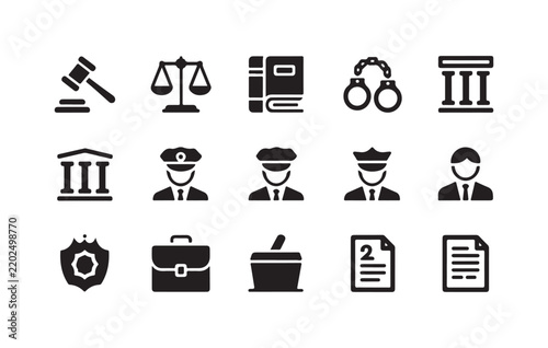 Legal justice icon collection featuring gavel balance scales and handcuffs for courtroom system management app.