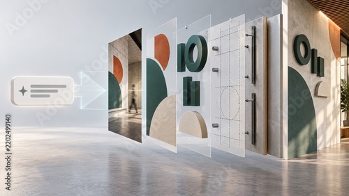 Abstract logo design displayed as editable production layers in a modern studio, illustrating a customizable brand identity presentation.