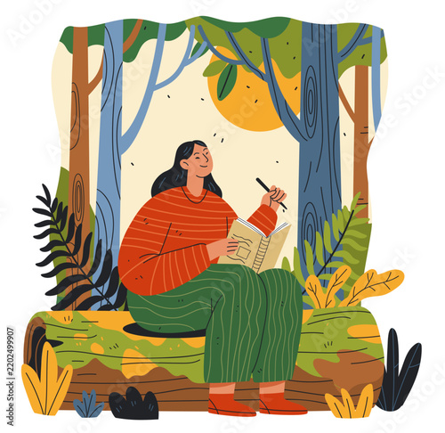 Nature journaling analog hobbies outdoor sketching woman drawing in forest surrounded by trees plants sun slow living creative leisure