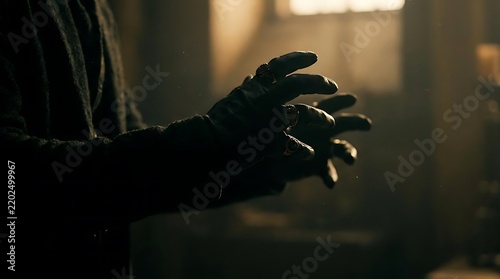 Hand wearing protective black gloves in dark workshop.