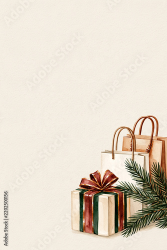Illustrated Christmas gift box tied with a red ribbon placed next to paper shopping bags and a pine branch on a light background.   