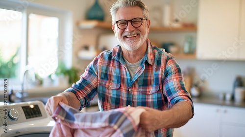 Happy senior man folds laundry next to washing machine in kitchen.