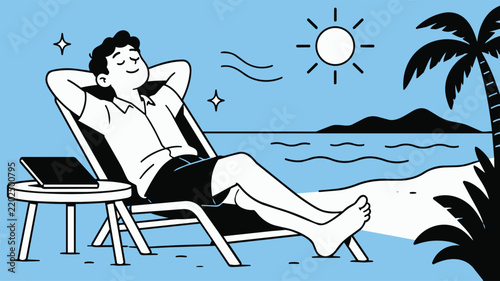 Relaxed office worker reclining on a beach chair beside a laptop, symbolizing workplace burnout, work-life balance, and the need for rest.