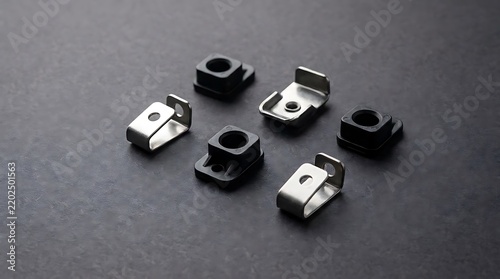 Industrial metal and plastic mounting clips on dark background.