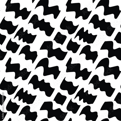 A seamless vector illustration featuring an abstract geometric pattern of bold black wavy shapes arranged diagonally on a white background.