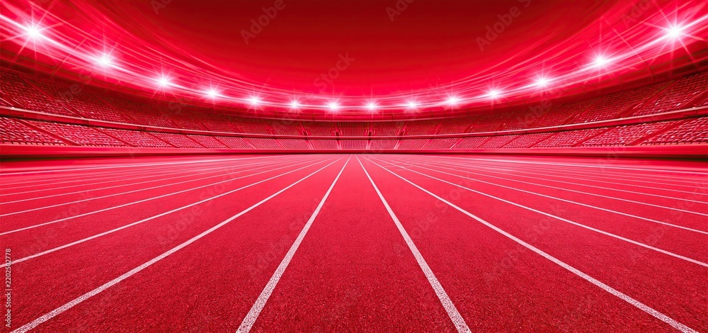 Obraz premium In a brightly lit stadium, a vibrant red running track is highlighted with bold text and contemporary graphics for a sports championship.