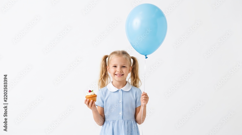 Fototapeta premium Happy little girl with blonde pigtails in a blue dress holding a cupcake with a cherry and a blue balloon on a white background, celebrating childhood and birthday party moments