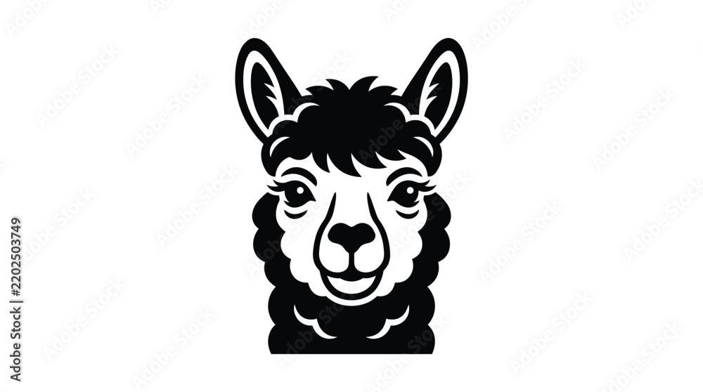 Obraz premium Stylized llama portrait featuring clean black and white vector lines isolated on a plain white background
