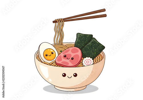 Cute ramen bowl with egg and tomato characters