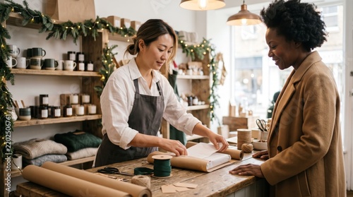 Small business owner wrapping a Christmas purchase in her gift boutique