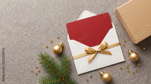 Blank gift card with gold ribbon for Christmas gift giving, copy space