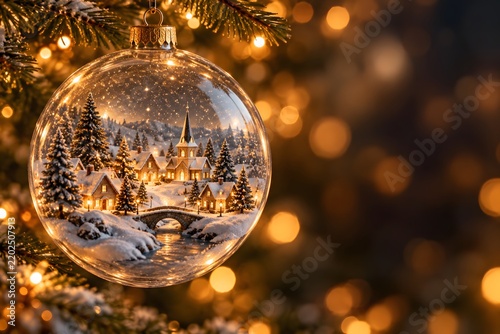 Holiday village scene inside a decorative glass ornament hanging on a Christmas tree