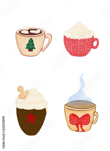 Festive winter mugs with hot seasonal drinks