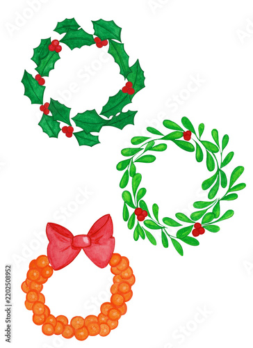 Christmas wreaths with evergreen foliage and red bows