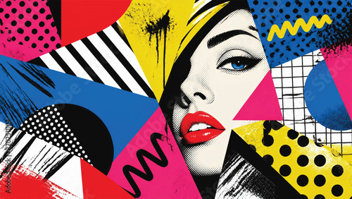 Abstract woman portrait with pop art geometric shapes and patterns.