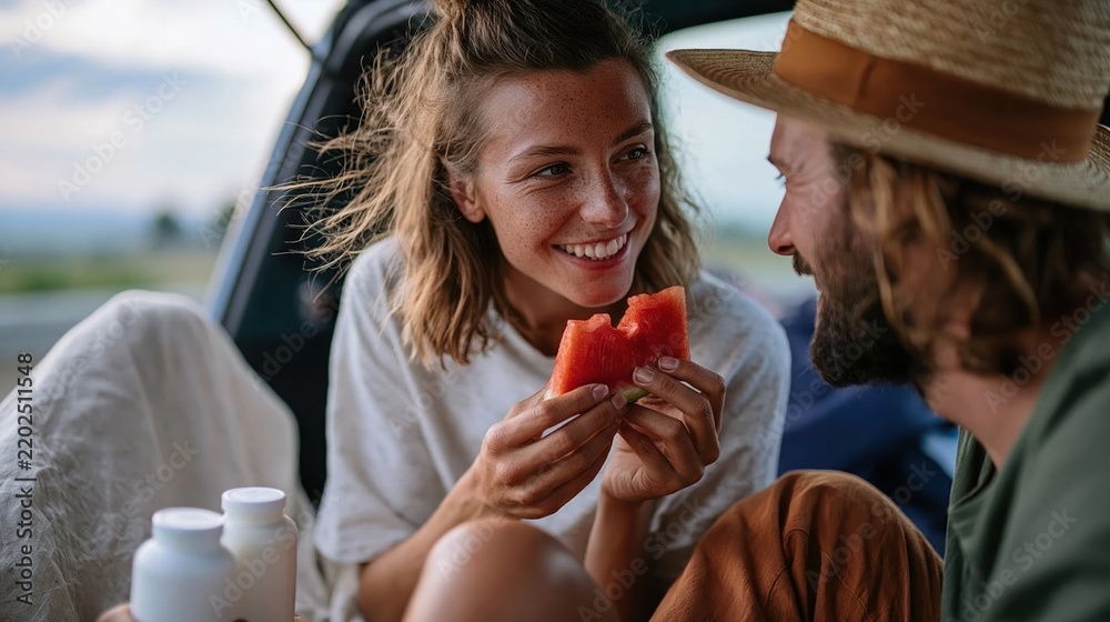 Fototapeta premium A joyful couple shares a moment in nature, laughing and enjoying fresh watermelon, highlighting the beauty of love, togetherness, and enjoying life's simple pleasures amidst nature.