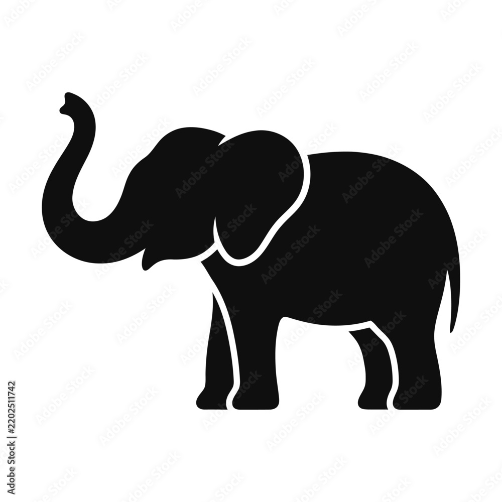 Fototapeta premium Black silhouette icon of a majestic elephant standing with its trunk raised up on a simple flat design Vector
