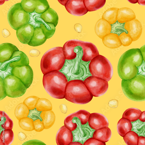 Watercolor seamless pattern with whole red, yellow, and green bell peppers, fresh leaves, and flowers. Hand-drawn vibrant vegetable background for kitchen textiles, cookbooks, and packaging
