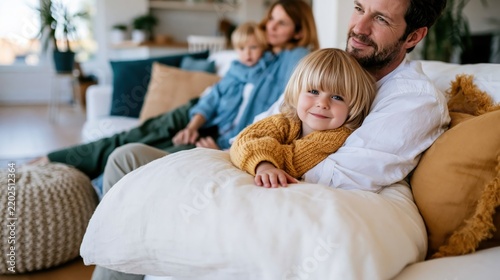 A heartwarming scene of a family cuddling on the couch, showcasing togetherness and comfort in their cozy living room filled with love and relaxation.