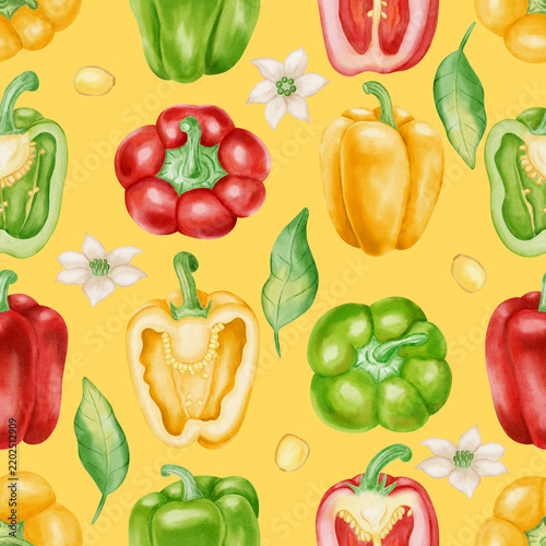 Watercolor seamless pattern with whole red, yellow, and green bell peppers, fresh leaves, and flowers. Hand-drawn vibrant vegetable background for kitchen textiles, cookbooks, and packaging