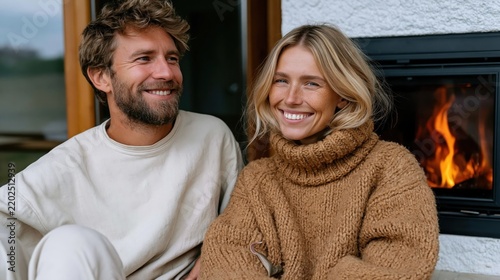 A joyful couple smiles while sitting in a cozy indoor setting with a warm fireplace, wrapped in soft sweaters, reflecting love, comfort, and togetherness in a homey atmosphere.