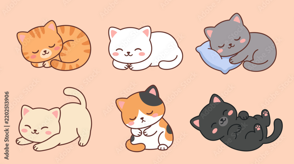 Obraz premium Adorable sleeping cats vector illustration set featuring various kitten breeds in cute poses isolated on soft pastel background graphic designs