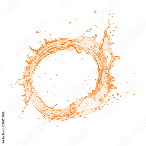 Circular splash of orange juice or liquid isolated on a white background with dynamic droplets