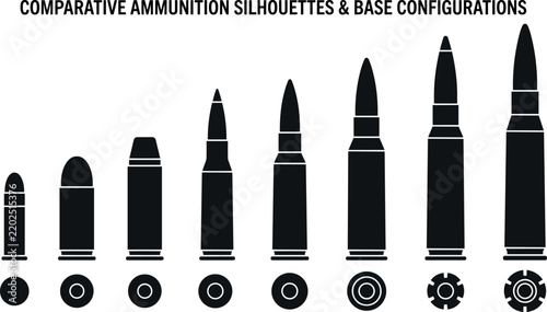 Bild auf Leinwand A comparative set of various bullet silhouettes, showing different ammunition sizes, metal casings, and pointed heads