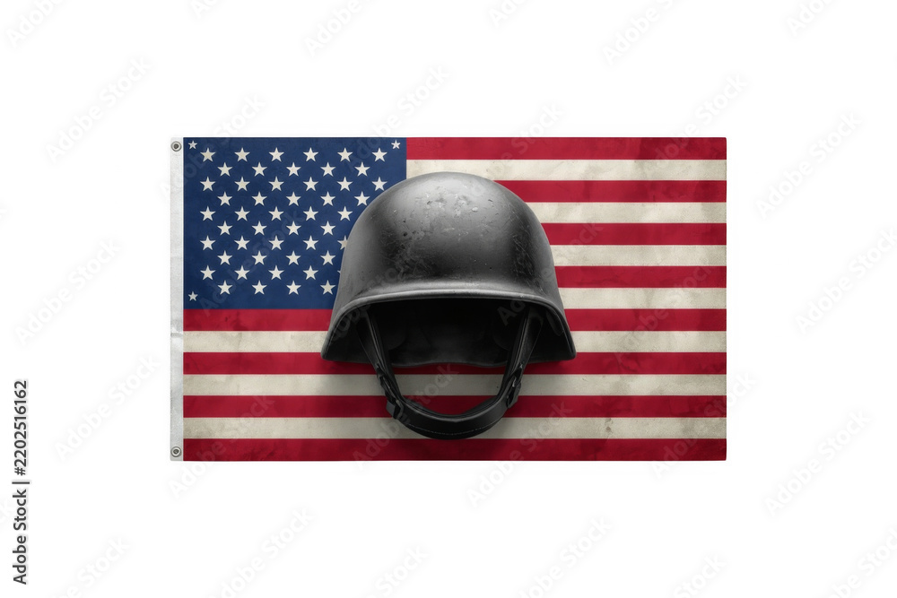 Fototapeta premium Black Military Helmet in Front of United States Flag