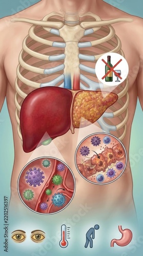 Human internal anatomy: hepatitis virus, liver damage, cellular infection, jaundice symptom, organ inflammation, disease process, alcohol restriction, health warning, medical infographic, body system.