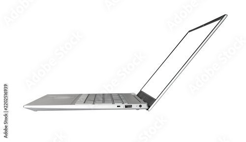 Laptop computer chassis curved shell design isolated on white background. Silver portable pc body