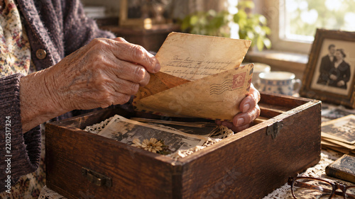 close-up of an elderly woman opening an old letter from a keepsake box, surrounded by photographs and memories, symbolizing nostalgia, family history, love and remembrance.