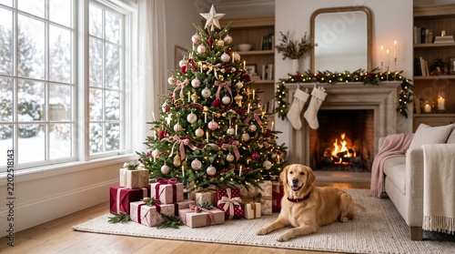 Golden retriever resting peacefully on the floor beside a beautifully decorated Christmas tree in a cozy living room during the festive winter holiday season.