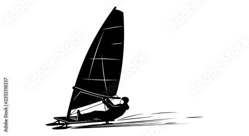 Silhouette of a sailboat with a person steering against a white background