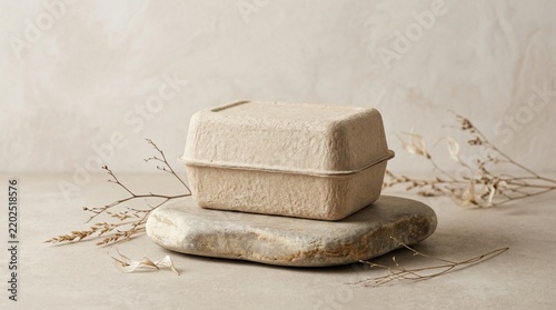 Biodegradable food container sits on a smooth rock platform against a neutral beige studio background.