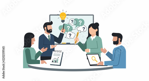 Business meeting with question marks and a lightbulb vector illustration