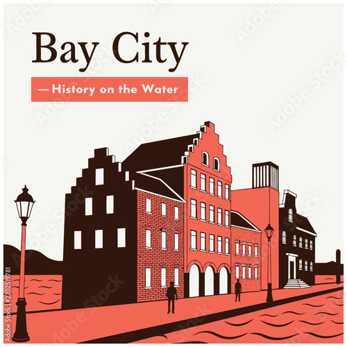 Bay City: History on the Water - Vintage-Inspired Canal Townscape Illustration with People and Classic Architecture