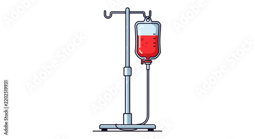 Medical iv drip stand with red fluid bag on white background