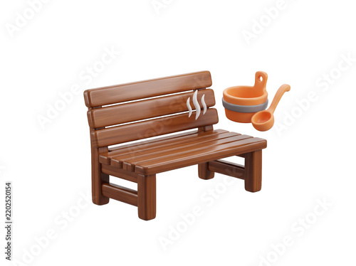 Sauna concept showing a glossy brown wooden sauna bench with small rising white steam wave lines beside a floating orange water bucket and ladle, representing warmth, detox, and the restorative ritual