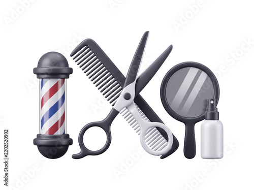 Hair salon and barbershop concept showing a pair of scissors crossed over a comb, a spinning barber pole, and a round hand mirror beside a small spray bottle, representing style, precision, and