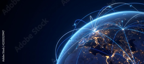 Global network connections visualized with glowing lines and satellites orbiting Earth at night illustrating international communication and data transfer.