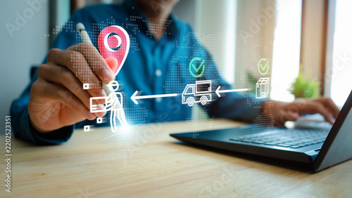 logistics, Business professional managing global shipment tracking with digital map, location pin, delivery truck and parcel icons, representing logistics, courier service and last mile delivery.